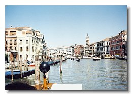 1998 05 18 Venice view NE to the Rialto bridge from the Grand Canal with San Bartolomeo bell tower